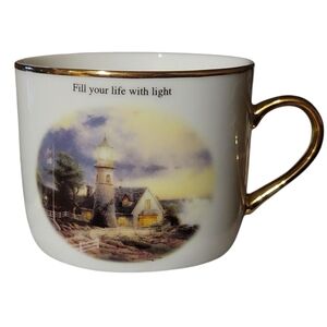 VTG THOMAS KINKADE A Light In The Storm Lighthouse GOLD TRIMMED Coffee Cup Ocean